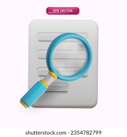 3D searching icon. 3D white document with magnifier cartoon render style vector mesh