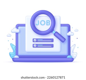 3D Searching job on Computer. Human resource management and hiring concept. Trendy and modern vector in 3d style.