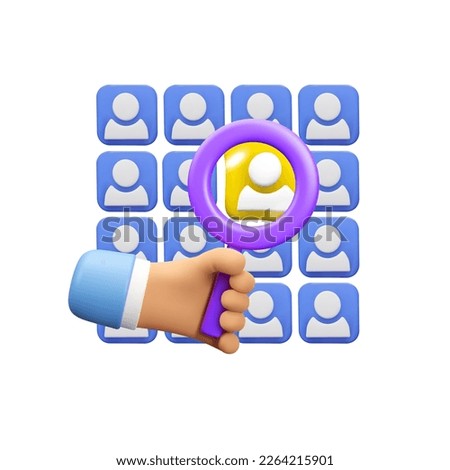 3d searching people concept. Vector isolated illustration of human resources, find target customer or focus group. Hand holding magnifier glass or loupe icon