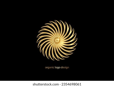 3D seashell nautilus, gold logo. Golden luxury Object with smooth shape. Can be used for advertising, marketing, presentation, card and flyer, jewelry store. Vector isolated on black background 