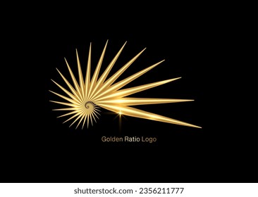 3D seashell nautilus, gold logo. Golden Ratio with smooth shape. Can be used for advertising, marketing, presentation, card and flyer, technological science. Vector isolated on black background 