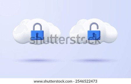 3D secure cloud server icon. Cloud server with a padlock. Lock and unlock. 3D design of Data Center and data protection. 3D concept of Cybersecurity technology, vector illustration.