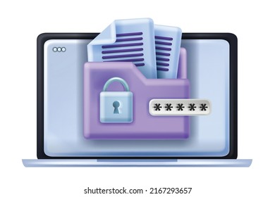 3D secure data storage vector icon, computer screen, digital file folder, web cloud server concept. Safe information service password lock, business network protection, online document. Secure storage