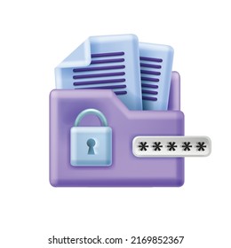 3D Secure Data Storage Vector Icon, PIN Window, Lock, Digital File Folder, Web Cloud Server Concept. Safe Information Sharing Service, Business Network Protection, Online Document. Secure Storage