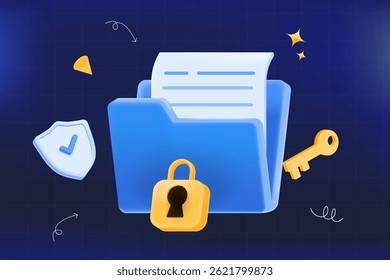 3d Secure file blue folder with lock, key, and shield icon. data protection, cybersecurity, document safety, and privacy digital storage. vector illustration