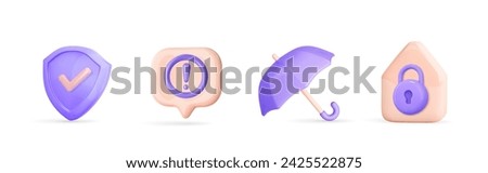 3d secure icon. Cyber protection, home security, insurance, alert, error and emergency. Shield, house and closed padlock, umbrella, speech bubble with warning sign. Realistic vector illustration