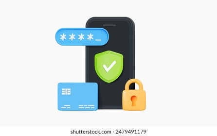 3D Secure online banking financial transaction. Phone with protective shied, credit card, pin code and padlock. Verified payments and money transfers. Cartoon creative design icon. 3D Vector