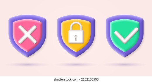 3d secure and protect icons. Security shields with checkmark and lock. Network, internet and data protection, privacy, safety, antivirus design elements. Vector illustration.