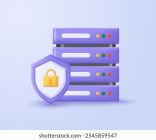 Icono de servidor seguro 3D. Servidor con cerradura en el escudo. Diseño minimalista en 3D de Data Center y protección de datos. Concepto 3D de tecnología de ciberseguridad, Ilustración vectorial.