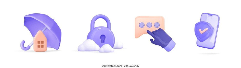 3d secure vector icon. Cyber protection and security . Protection shield and phone, cyber fraud hand, closed padlock, insurance umbrella. Concept home insurance,security guarantee, protect, safe.