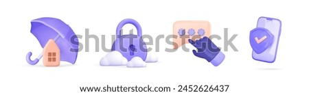 3d secure vector icon. Cyber protection and security . Protection shield and phone, cyber fraud hand, closed padlock, insurance umbrella. Concept home insurance,security guarantee, protect, safe.