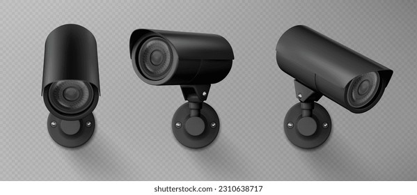 3D-Sicherheitskamera, cctv-Kamera einzeln auf transparentem Hintergrund. Sicherheitsüberwachungssystem, Videokontrollgerät mit unterschiedlicher Ansicht, Vektorgrafik