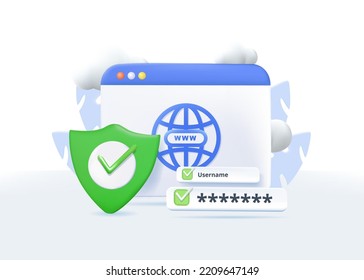 3d security, cyber shield lock check mark. Cloud hosting and service cyber protection. Personal Data. Online Payment Security. 3d render vector illustration. Password protected icon mobile app website