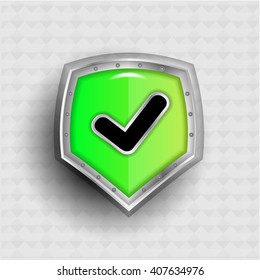 3d security, green shield with dark hook and shadows and pattern, isolated on bright background