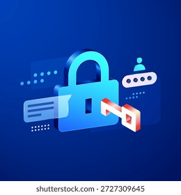cadeado e chave de segurança 3D. Proteção digital futurista, segurança de login e conceito de segurança cibernética. Visual de alta qualidade para segurança cibernética, criptografia de dados, acesso privado e sistemas de autenticação.