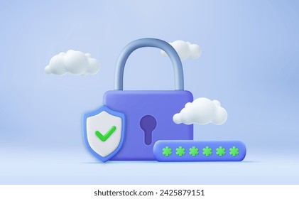 3d security shield lock check mark and cloud. cyber protection. 3d rendering. Password protected icon for mobile applications and website concept. Vector illustration