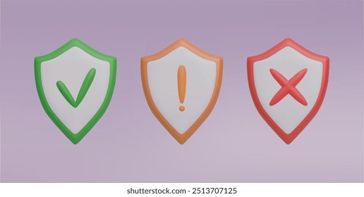 Escudos de seguridad 3D con un símbolo de marca de verificación verde, un signo de exclamación amarillo y una cruz roja. Símbolos de Aprobación, atención y negación.