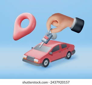 3D Sedan Car, Location Pin and Keys Isolated. Render Realistic Car with Remote Alarm. Classic Sedan Motor Vehicle. Concept of Online Car Sharing, Repair Service and Delivery. Vector Illustration