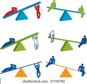 3D See Saw Designs With People In A Variety Of Different Poses And Colors. Created Using Illustrator.