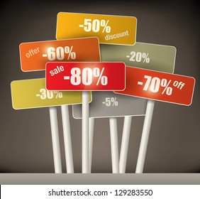 3d selection of multicolored discount signs on poles with a variety of different percentages grouped together on a graduated brown background