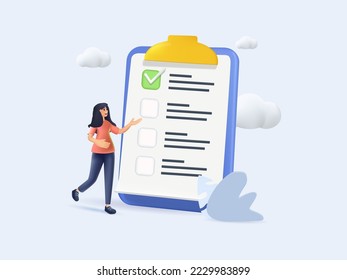 3D Self assessment, evaluate yourself for personal development or work improvement, woman giving check on checkbox in achievement list notepad paper. Personality trait. Self-esteem 3D render vector