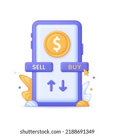 3D Sell or Buy Dollar illustration. Money conversion. Buying dollar online, buying currency from your phone. Buying currency on the stock exchange. Online payment. Vector in 3d style.