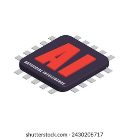3d semiconductor chip with AI or artificial intelligence text on it, vector illustration