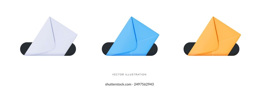 3D Send letter in envelope by mail. Mailbox with new message. Subscribe to newsletter. Email contact. Colored envelopes. Delivery of messages. Cartoon design icons. 3D Vector Illustration