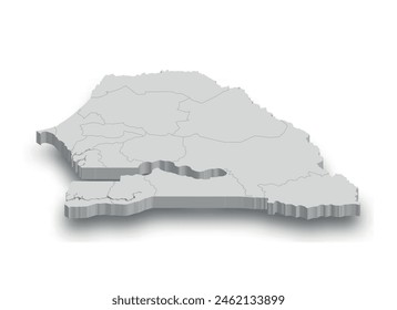 Weiße Karte von 3D Senegal mit isolierten Regionen auf weißem Hintergrund