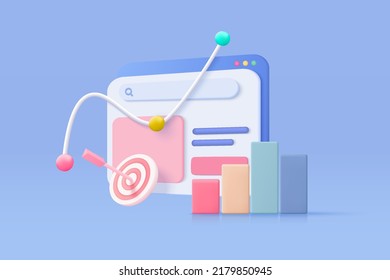 3D SEO optimization browser icon for marketing social media concept. Interface for analytics strategy and social media research planing. 3d graph stock vector icon for financial render illustration - Shutterstock ID 2179850945