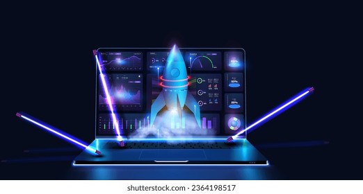 3D SEO optimization icon with rocket for marketing social media concept in blue neon color. Design concept augmented reality. AR and VR Development. Interface for web data analytics strategy. Vector