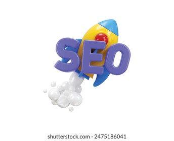 3D SEO optimization icon with rocket for marketing social media concept of web analytics strategy and research planning icon