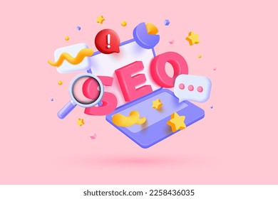 3D SEO optimization for marketing social media website on laptop concept. Seo interface for website strategy and research planinng in 3d laptop computer. 3d Vector illustration