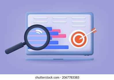 3d SEO optimization and research of search content. Analysis data and business development strategy. Magnifying glass, darts, graph on the laptop screen. SEO search query concept. Vector illustration