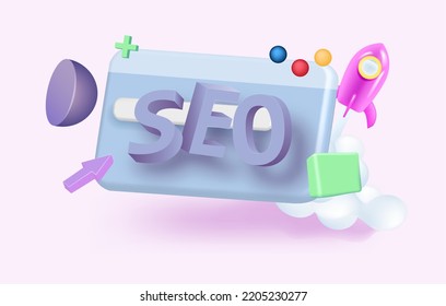 3D SEO optimization with rocket for marketing social media concept. 3d Interface for web analytics strategy and research planing in purple background.