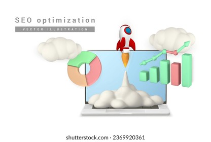 3d SEO optimization with rocket for marketing social media concept. Seo strategy. Vector illustration.