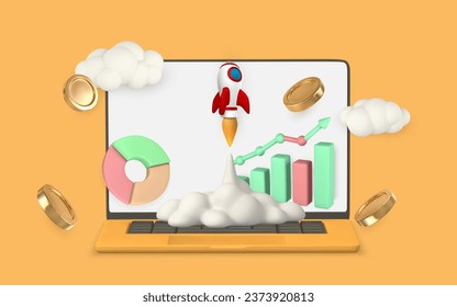 3d SEO optimization with rocket for marketing social media concept. Seo strategy. Vector illustration.