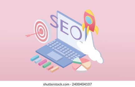 3d Optimización SEO con cohete para el marketing del concepto de medios sociales. Interfaz para la estrategia de análisis web y la planificación de la investigación en portátiles.sobre fondo pastel.3d artesanal.3d objetivo para empresas, tecnología