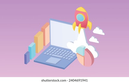 Optimización de SEO 3D con cohete para el marketing del concepto de medios sociales. Interfaz para la estrategia de análisis web y planificación de investigación en laptop.3d hecha a mano.