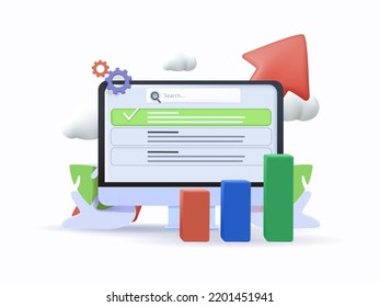 3D SEO optimization with search bar for marketing social media website on laptop concept. 3d interface for website strategy and research planing laptop. 3d seo strategy vector icon render illustration