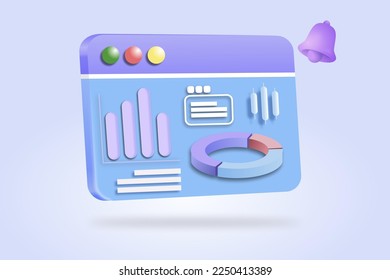 3D SEO Optimized Browser for marketing social media concepts. Analytics strategy and social media research planning interface. 3d graphic stock vector icon for financial planning investment business 