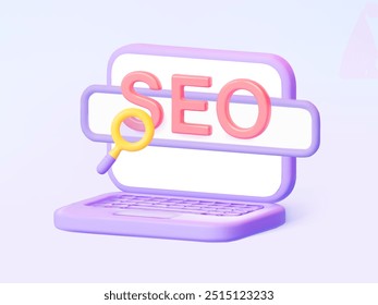 SEO 3D da otimização do mecanismo de busca. Um laptop roxo bonito com o texto "SEO" e uma lupa para pesquisar palavras-chave importantes. Imagem vetorial. 