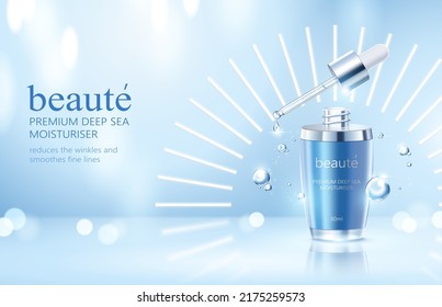 3d serum cosmetic ad template. Opened dropper bottle splashing liquid with light effects around. Concept of lasting and repairing skincare. - Shutterstock ID 2175259573