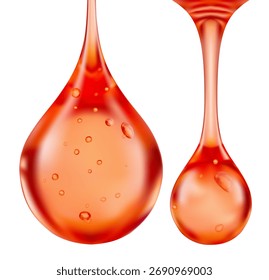  Vector sérico 3D, gotas líquidas brillantes de color ámbar-rojo, goteando desde arriba. las gotas contienen Pequeñas burbujas de aire, enfatizando una textura espesa, aceitosa o sérica. Aislado en blanco