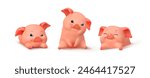 3D set of 3 piglets. Cute pigs lie and sit. Isolated on white background. Vector illustration.