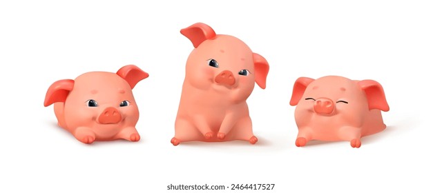 3D set of 3 piglets. Cute pigs lie and sit. Isolated on white background. Vector illustration.