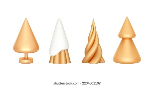 3d set abstract christmas tree isolation . Gold holiday decorations in cartoon style. Glossy New year and xmas tree shapes. Vector realistic elements