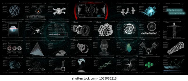 3D Set abstract HUD elements for UI UX design. Statistic and data, information infographic. Futuristic Sci-Fi user Interface for app Mechanical scheme HUD