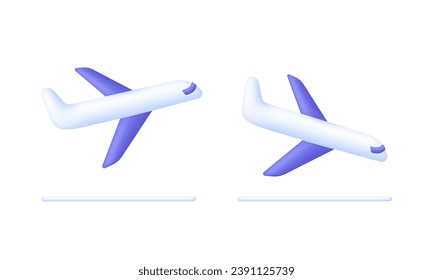 3D Set of Airplanes. Departure and landing of the plane. Flight transport symbol. Travel concept. Trendy and modern vector in 3d style.