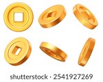 3d set of Ancient old gold coins of China, with square hole. Design element for Chinese New Year. Stock vector illustration on isolated background.